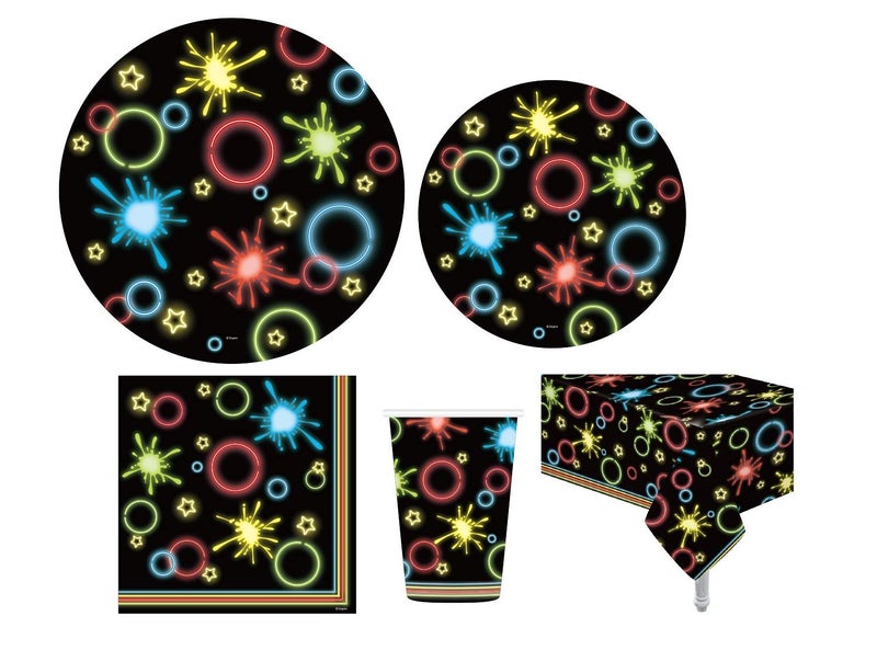 Oojami Neon Glow Party Set for 30 Guests â€“ Includes 9" Plates, 7" Plates, 9 oz Cups, Napkins, 54"x108" Table Cover â€“ Colorful Neon Decor for Birthdays - Image 1